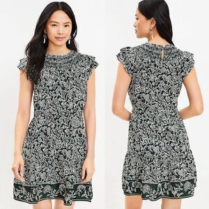 NWT LOFT Garden Ruffle Tiered Swing Black Green Floral Dress Smocked S Petite SP